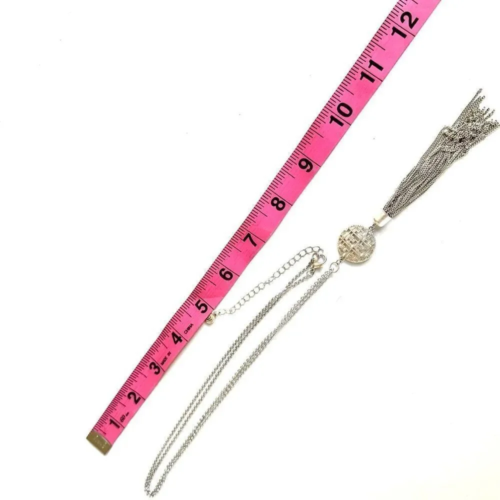 Silver tone long tassel necklace